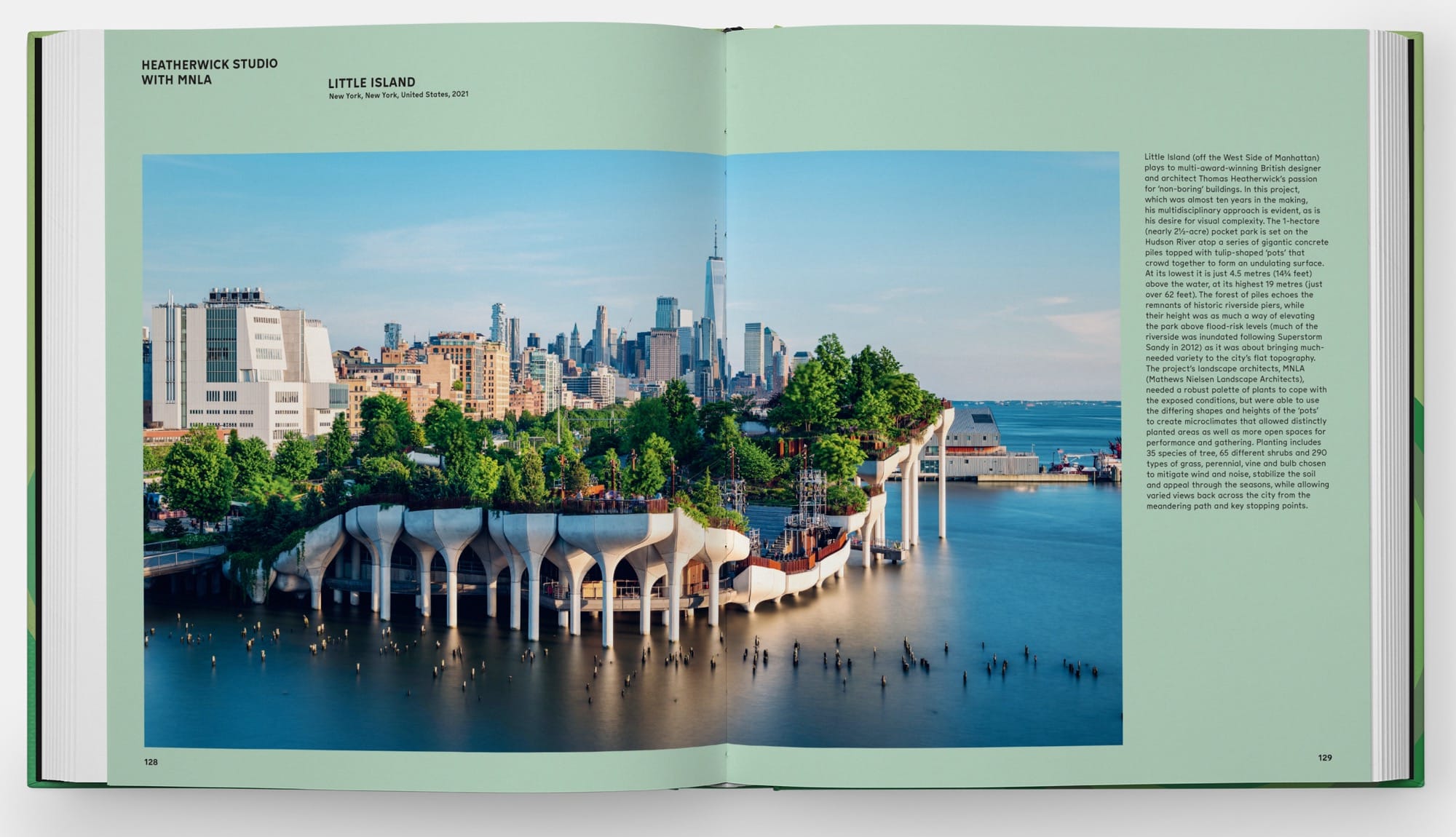a spread from the book 'The Contemporary Garden' with a photograph of Little Island in the Hudson River