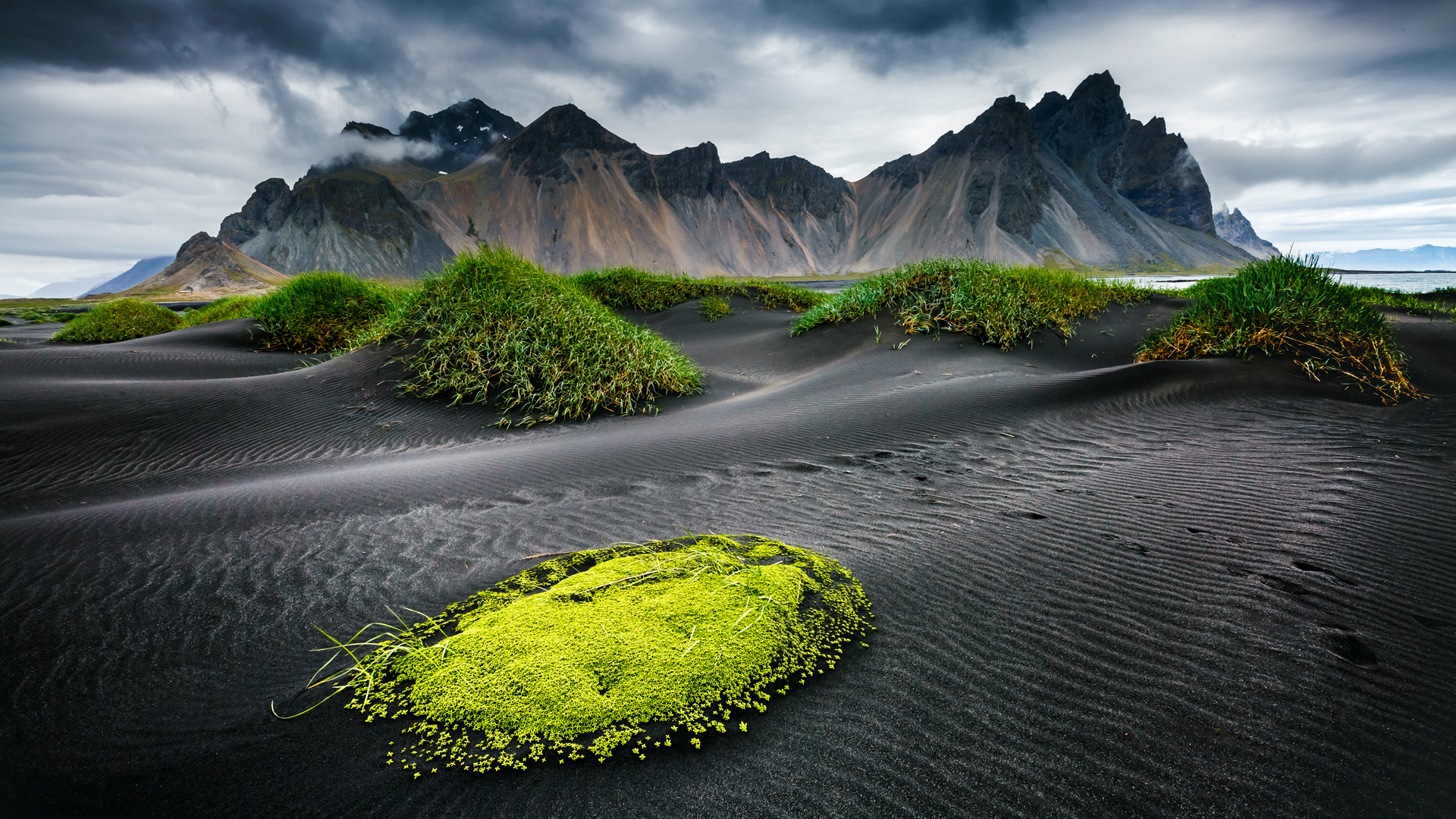 Great wind rippled beach black sand. Picturesque and gorgeous scene. Popular tourist attraction. Location famous place Stokksnes cape, Vestrahorn (Batman Mountain), Iceland, Europe. Beauty world.