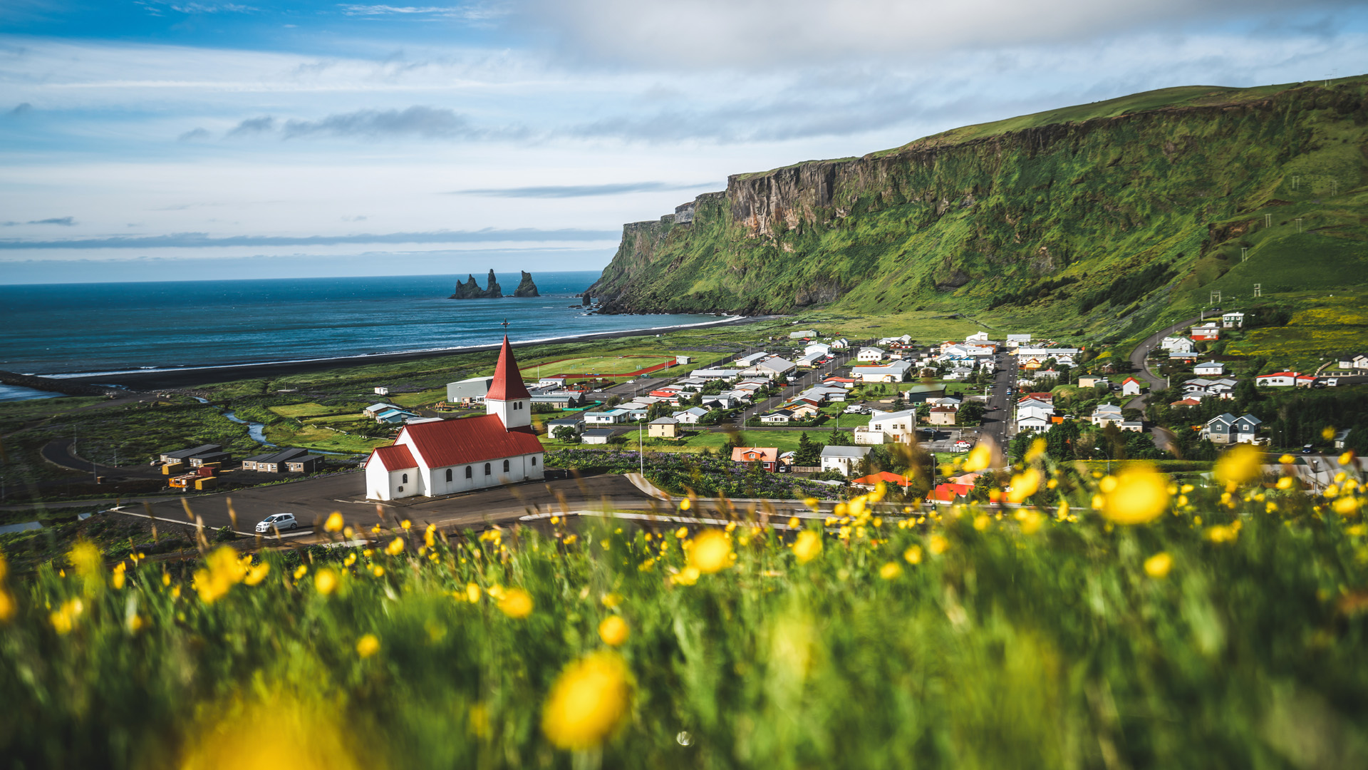 Beautiful town of Vik i Myrdal in Iceland in summer. The village of Vik is the southernmost village in Iceland on the ring road around 180 km southeast of Reykjavík.