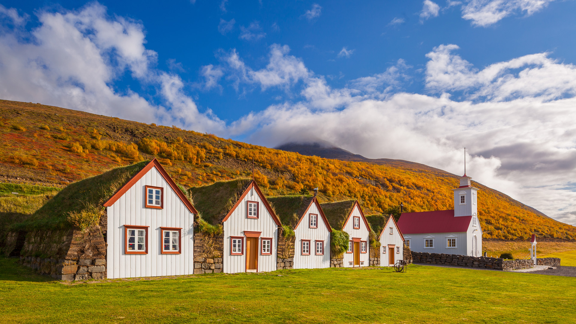 Open air Museum Laufas with historical turf houses and wooden church, with historical turf houses