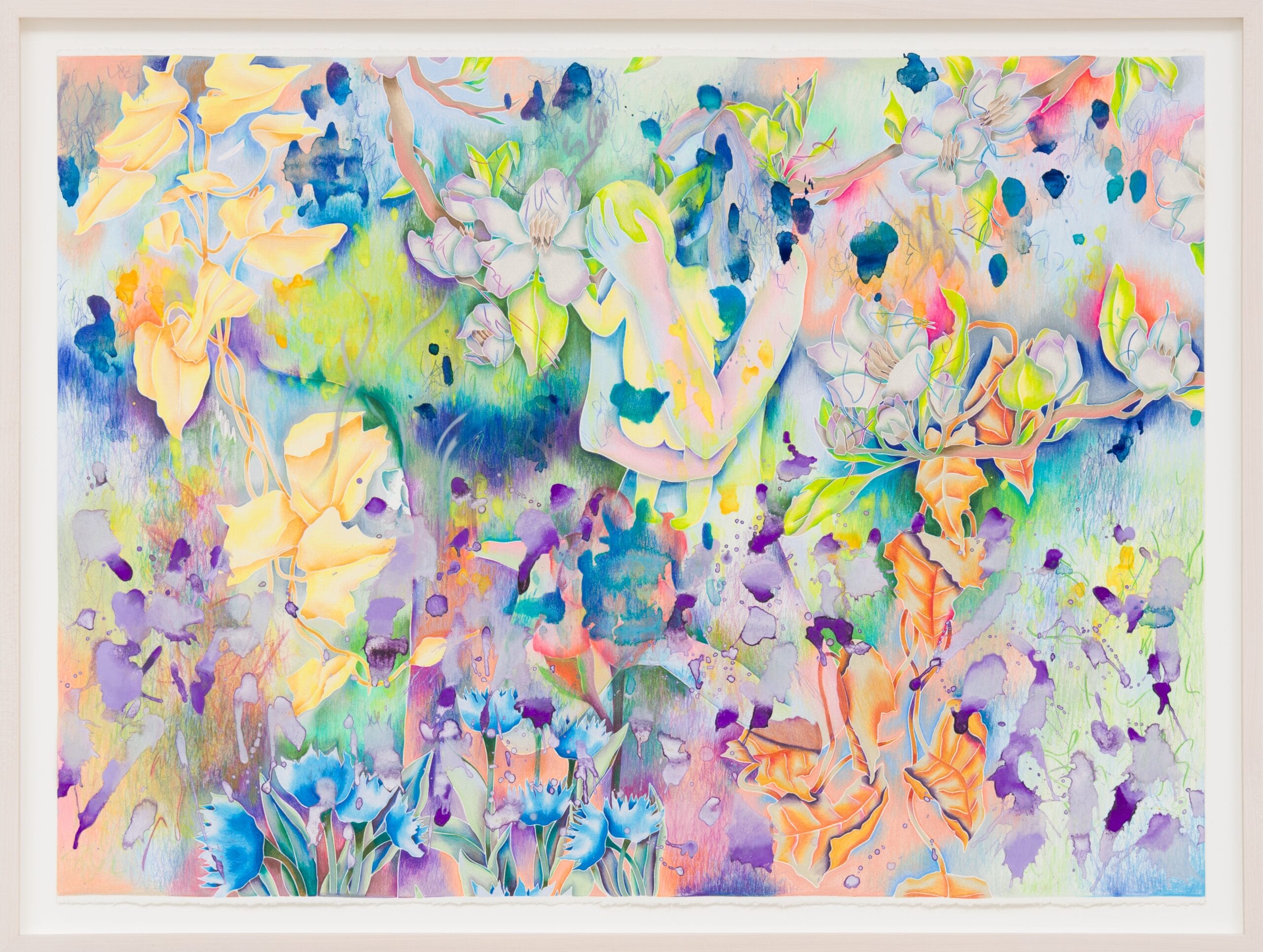 a colorful floral painting by Sarah Ann Weber with faint figurative details