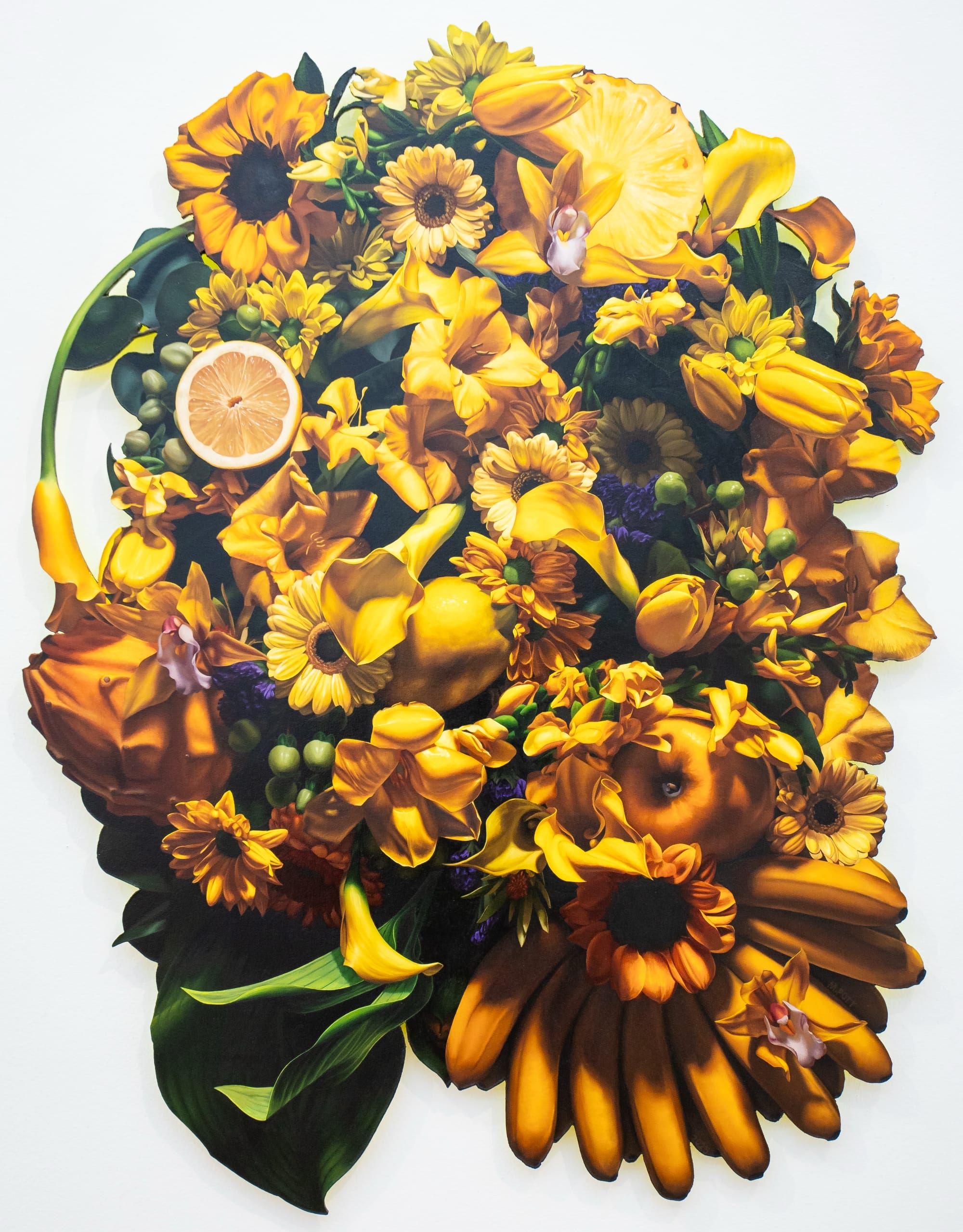 a hyperrealistic floral bouquet made of yellow flowers and bananas in an organic shape by Mason Pott