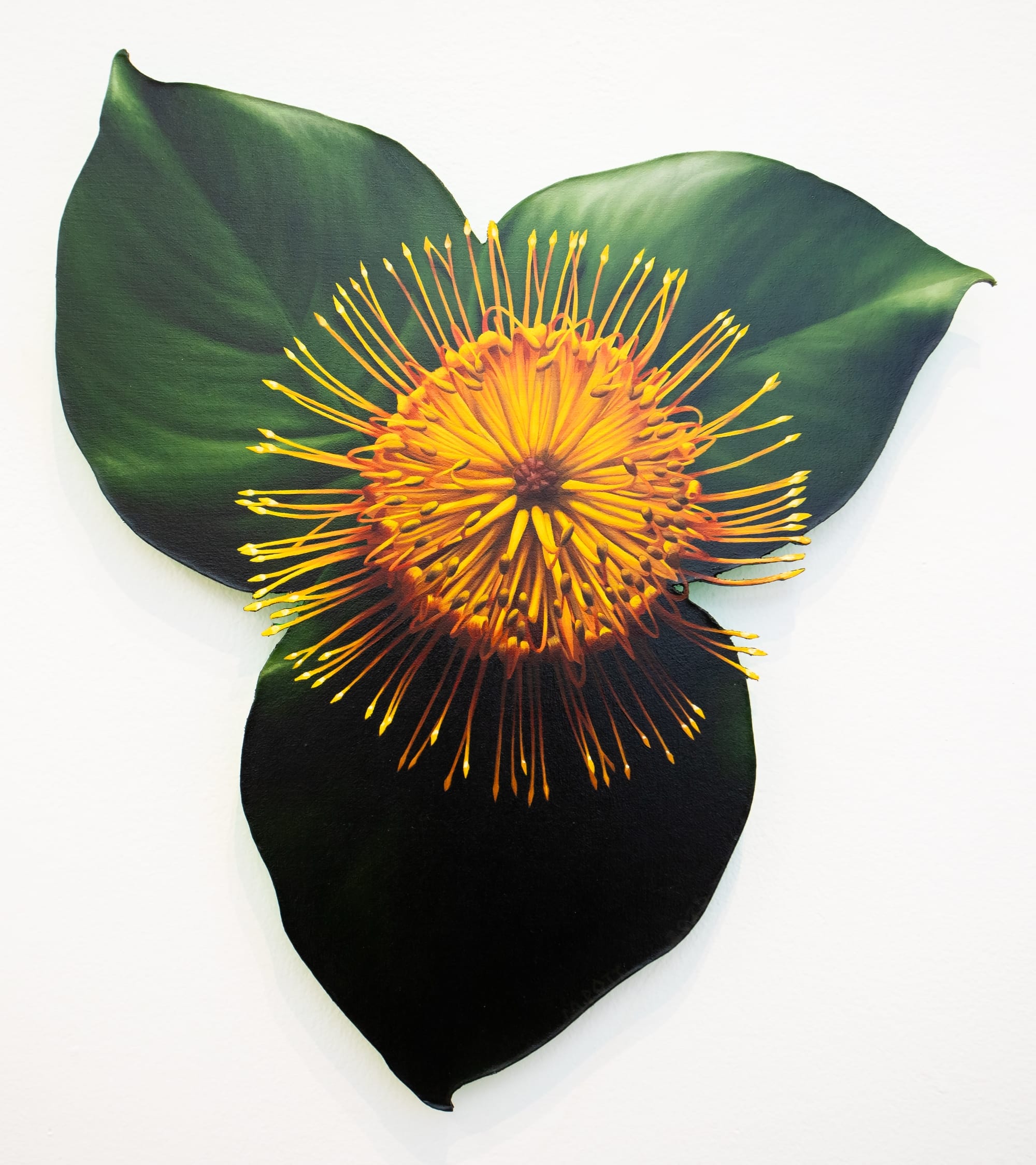 a hyperrealistic floral work with three green leaves and a yellow flower by Mason Pott