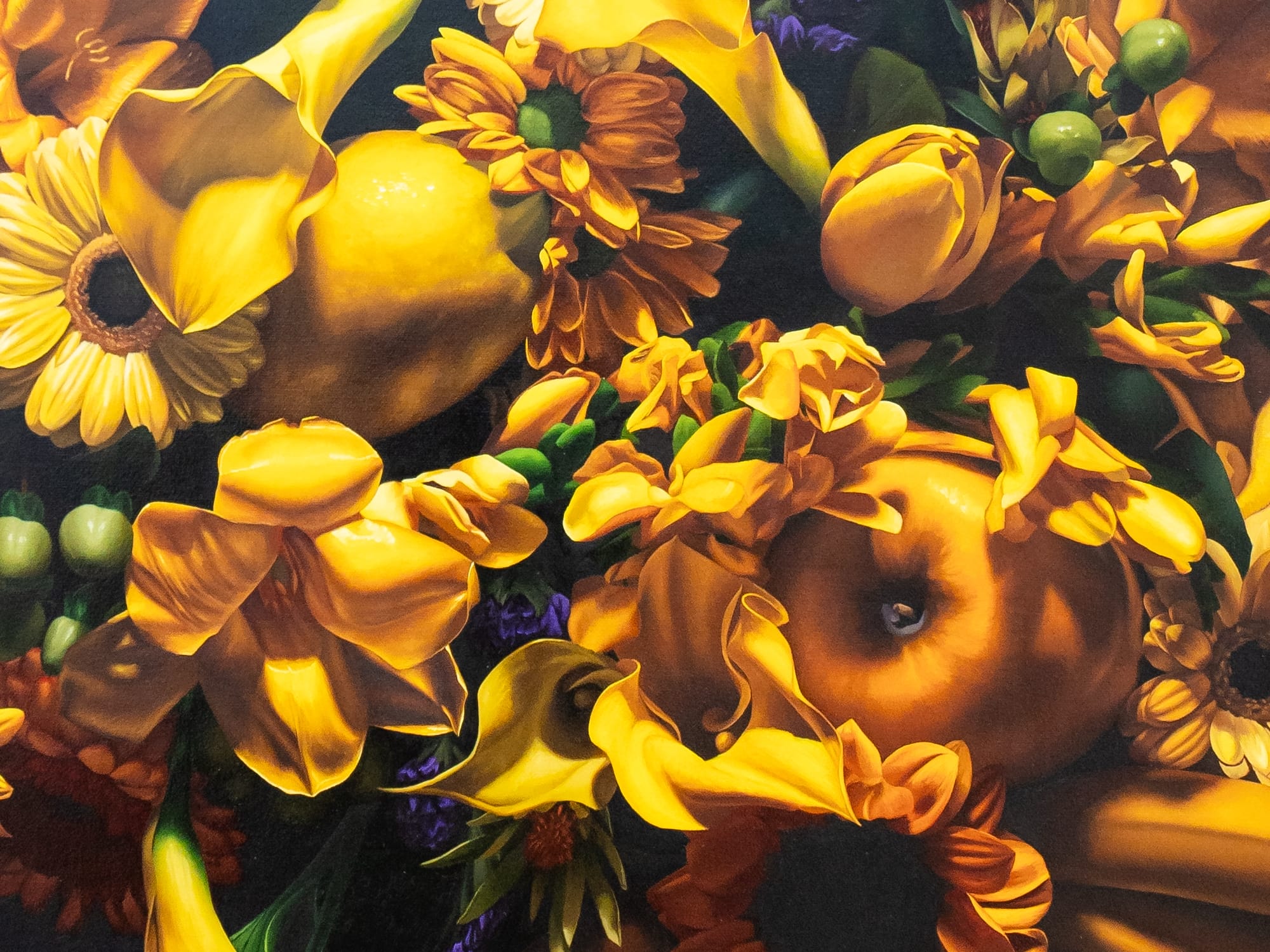 detail of a hyperrealistic floral bouquet made of yellow flowers and bananas in an organic shape by Mason Pott